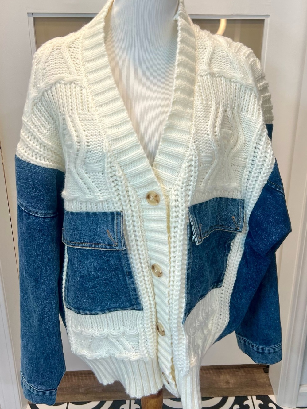 Altar'd State Cream Cable Knit & Blue Denim Patchwork Cardigan Size M